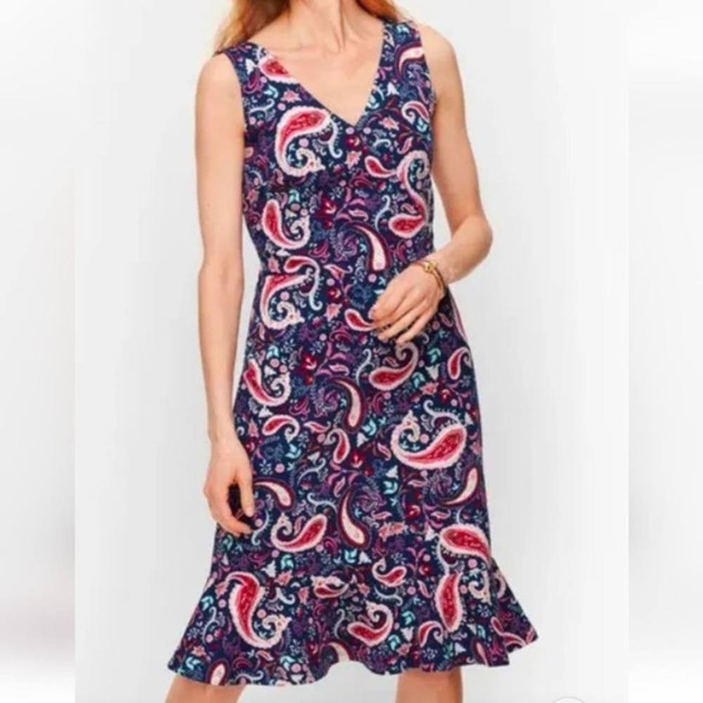 TALBOTS Navy Pink Paisley Floral Sleeveless V-Neck Dress Medium Petite Large‎